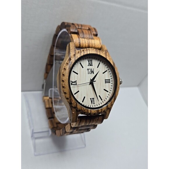 TJW Zebrawood Quartz Watch Roman Numeral Wooden Case 45mm New Battery Analog - Picture 3 of 10
